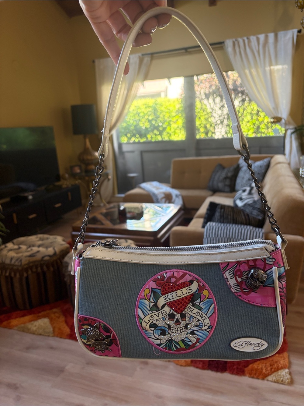 Ed Hardy Gray and Pink Shoulder Bag with Skull Medallion